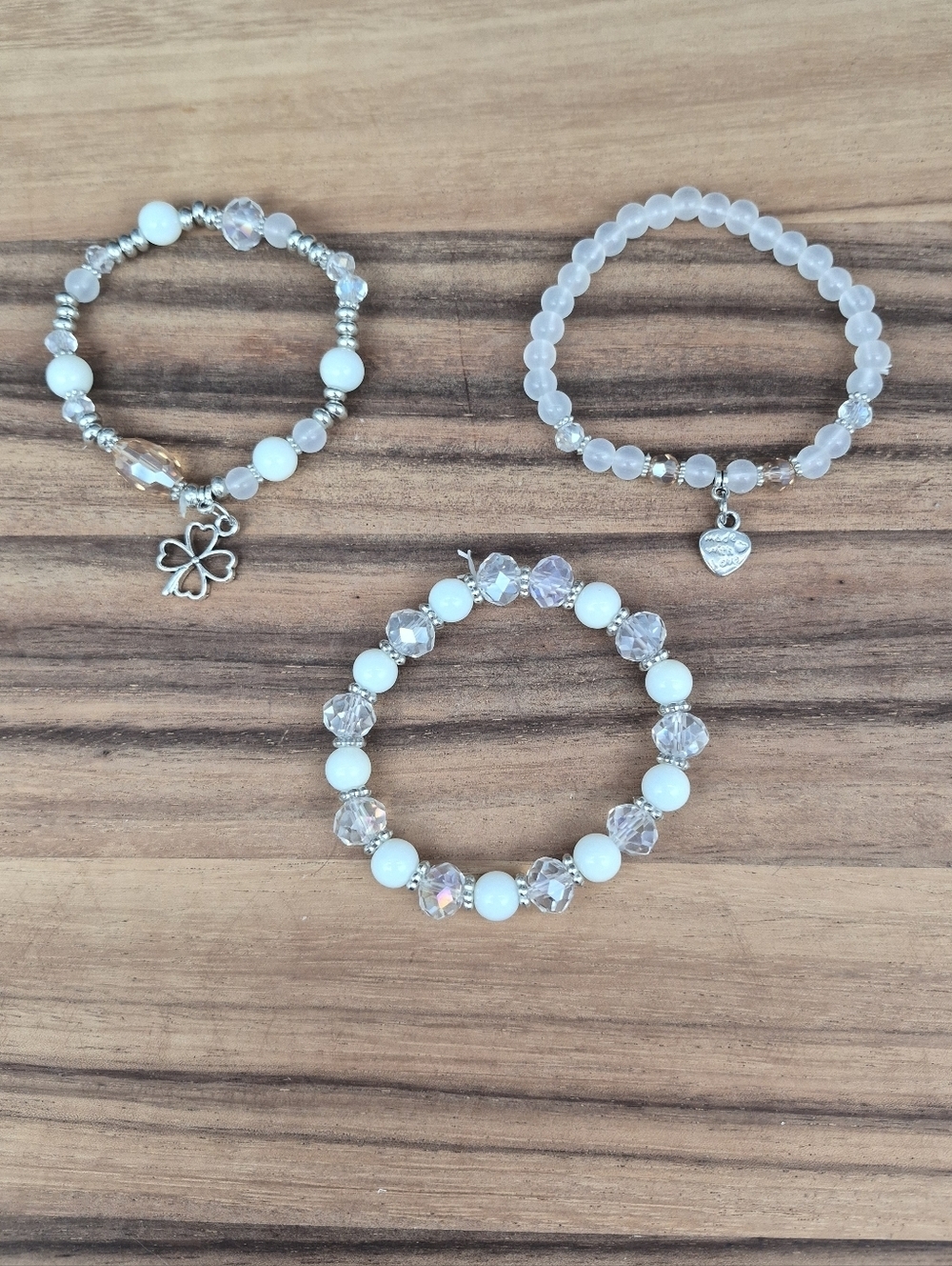 🩷3 for $15: 3 White, Clear & Silver Stretchy Bracelets with 2 Charms NWOT